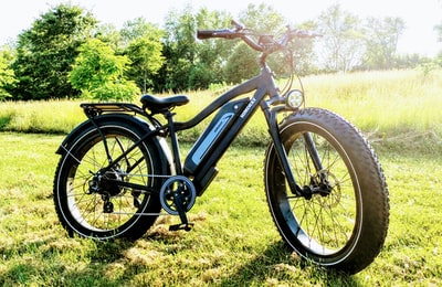 白天在绿色草地上骑黑色和蓝色山地自行车